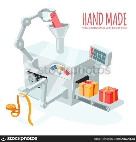 Vector cartoon robotic production of gift boxes. Packaging and wrapping, automation and handmade. Cartoon robotic production of gift boxes