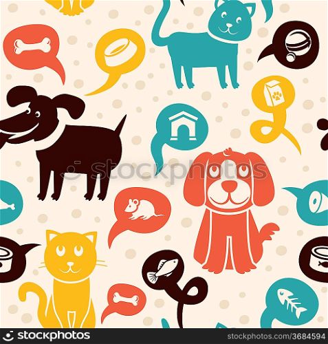 Vector cartoon seamless pattern with funny cats and dogs -