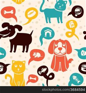 Vector cartoon seamless pattern with funny cats and dogs -