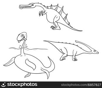 Vector Cartoon Set 02 of ancient dinosaur monster - plesiosaurs,Charonosaurus/Parasaurolophus,Spinosaurus