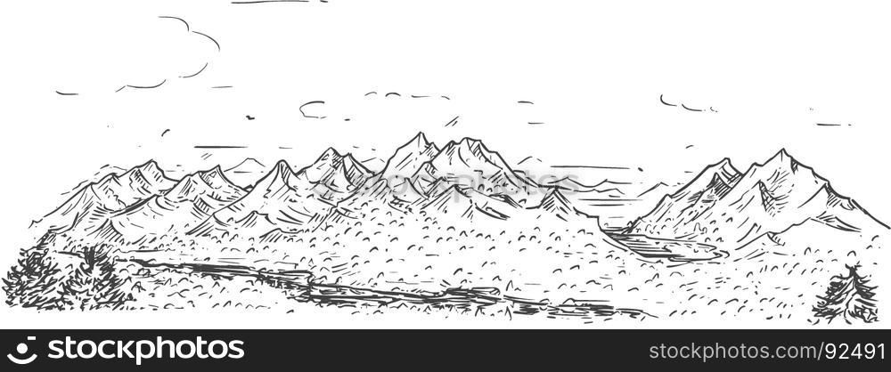 Vector cartoon sketchy drawing of mountain rocky landscape
