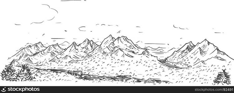 Vector cartoon sketchy drawing of mountain rocky landscape