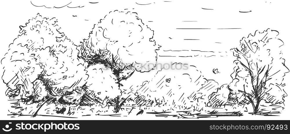 Vector cartoon sketchy drawing of nature park landscape with trees, bushes and grass.