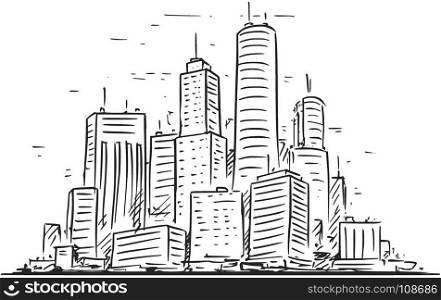Vector cartoon sketchy hand drawing illustration of city high rise cityscape landscape with skyscraper buildings.