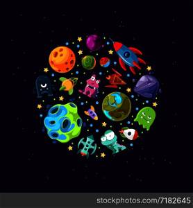 Vector cartoon space planets and ships gathered in circle illustration. Vector cartoon space planets and ships