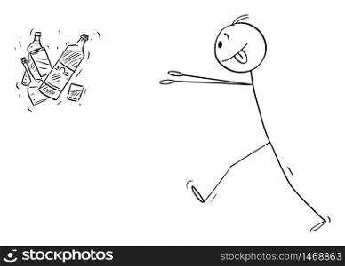 Vector cartoon stick figure drawing conceptual illustration of addicted man trying to get bottles of hard liquor or alcohol.. Vector Cartoon Illustration of Addicted Man Trying to Get Bottles of Alcohol