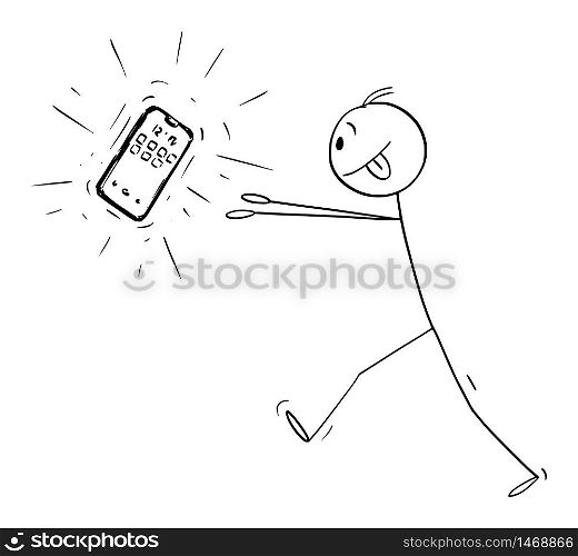 Vector cartoon stick figure drawing conceptual illustration of addicted man trying to get new mobile phone or telephone or cellphone or smartphone.. Vector Cartoon Illustration of Addicted Man Trying to Get New Mobile Phone or Smartphone or Cellphone or Telephone