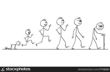 Vector cartoon stick figure drawing conceptual illustration of aging process of human man , from baby to senior adult.. Vector Cartoon Illustration of Aging Process of Human Man, From Baby to Senior Adult