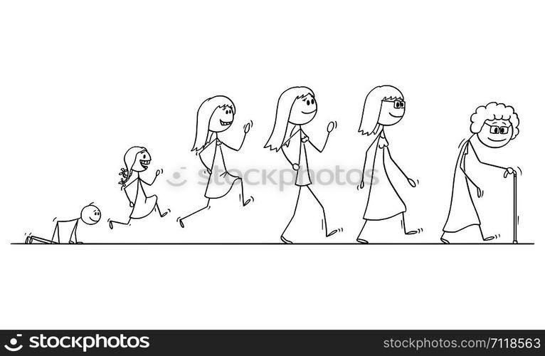 Vector cartoon stick figure drawing conceptual illustration of aging process of human woman , from baby to senior adult.. Vector Cartoon Illustration of Aging Process of Human Woman, From Baby to Senior Adult