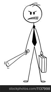 Vector cartoon stick figure drawing conceptual illustration of angry businessman with baseball bat and briefcase.. Vector Cartoon Illustration of Angry Businessman with Baseball Bat