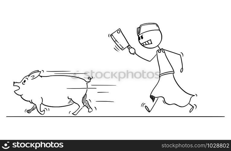 Vector cartoon stick figure drawing conceptual illustration of angry butcher or slaughterer with cleaver or chopper or meat-ax chasing pig on the run.. Vector Cartoon Illustration of Angry Butcher or Slaughterer with Cleaver or Chopper or Meat-ax Chasing Pig on the Run