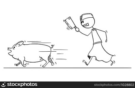 Vector cartoon stick figure drawing conceptual illustration of angry butcher or slaughterer with cleaver or chopper or meat-ax chasing pig on the run.. Vector Cartoon Illustration of Angry Butcher or Slaughterer with Cleaver or Chopper or Meat-ax Chasing Pig on the Run