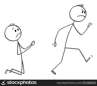 Vector cartoon stick figure drawing conceptual illustration of angry customer or worker walking away and kneeling man begging him to don&rsquo;t leave.. Vector Cartoon Illustration of Angry Customer or Worker Walking Away and Kneeling Man Begging Him to Don&rsquo;t Leave