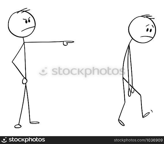 Vector cartoon stick figure drawing conceptual illustration of angry man or boss expelling another man, forcing him to leave.. Vector Cartoon Illustration of Angry Man or Boss Expelling Another Man, Forcing Him to Leave