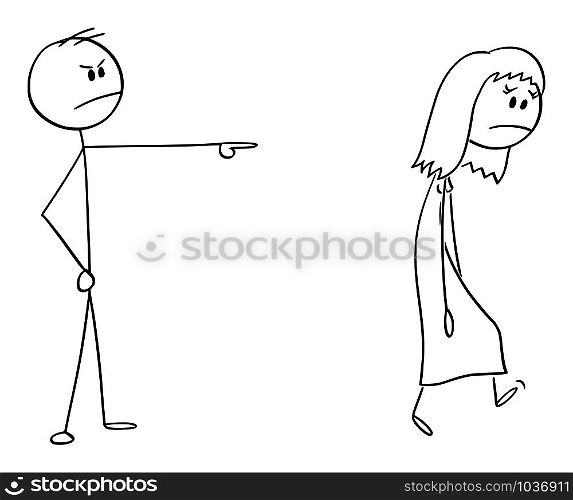 Vector cartoon stick figure drawing conceptual illustration of angry man or boss expelling woman, forcing her to leave.. Vector Cartoon Illustration of Angry Man or Boss Expelling Woman, Forcing Her to Leave