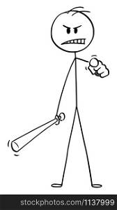Vector cartoon stick figure drawing conceptual illustration of angry man or businessman with baseball bat pointing at viewer.. Vector Cartoon Illustration of Angry Man or Businessman with Baseball Bat Pointing at Viewer