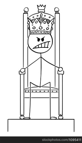 Vector cartoon stick figure drawing conceptual illustration of angry man or king sitting on royal throne with crown on the head.. Vector Cartoon Illustration of Angry Man or King Sitting on the Royal Throne