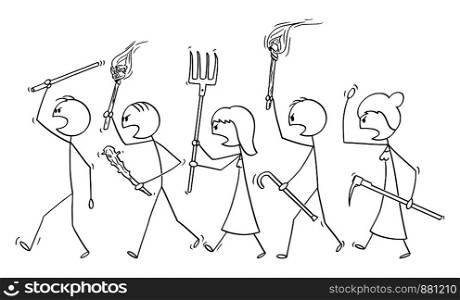 Vector cartoon stick figure drawing conceptual illustration of angry mob characters walking with torch and tools like pitchfork as weapons. Empty speech bubble ready for your text.. Vector Cartoon of Angry Mob Stick Characters Walking with Tools as Weapons and Empty Speech Bubble