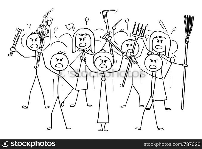 Vector cartoon stick figure drawing conceptual illustration of angry mob characters with torch and tools like pitchfork as weapons.. Vector Cartoon of Angry Mob Stick Characters with Tools as Weapons