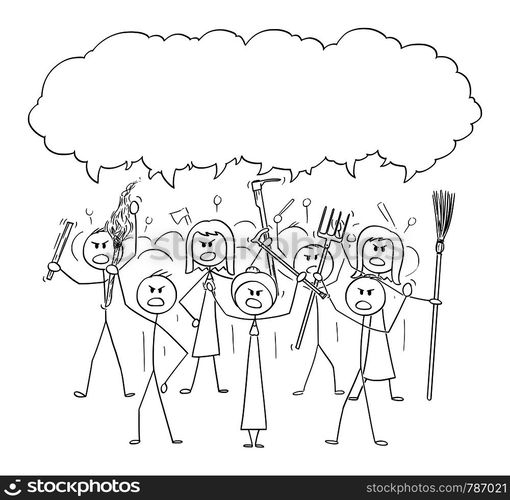 Vector cartoon stick figure drawing conceptual illustration of angry mob characters with torch