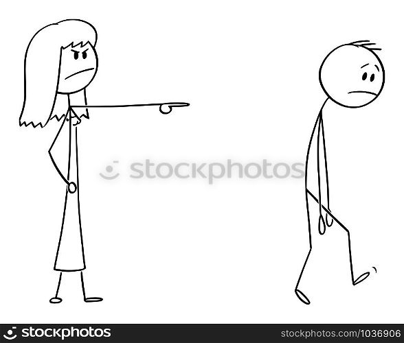 Vector cartoon stick figure drawing conceptual illustration of angry woman or female boss expelling man, forcing him to leave.. Vector Cartoon Illustration of Angry Woman or Female Boss Expelling Man, Forcing Him to Leave