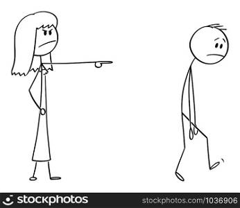 Vector cartoon stick figure drawing conceptual illustration of angry woman or female boss expelling man, forcing him to leave.. Vector Cartoon Illustration of Angry Woman or Female Boss Expelling Man, Forcing Him to Leave