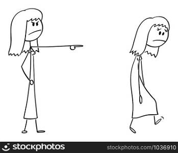 Vector cartoon stick figure drawing conceptual illustration of angry woman or female boss expelling another woman, forcing her to leave.. Vector Cartoon Illustration of Angry Woman or Female Boss Expelling Another Woman, Forcing Her to Leave