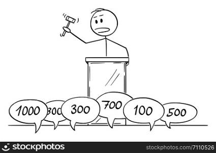 Vector cartoon stick figure drawing conceptual illustration of auctioneer with gavel or hammer during auction, people are bidding to win.. Vector Cartoon of Auctioneer with Hammer or Gavel During Auction, People Are Bidding to Win