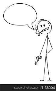 Vector cartoon stick figure drawing conceptual illustration of bad guy or man or criminal or gangster with cigar posing with weapon or hand gun, and saying something with empty text balloon.. Vector Cartoon Illustration of Bad Guy or Man or Criminal or Gangster Posing With hand Gun or Weapon and Saying Something