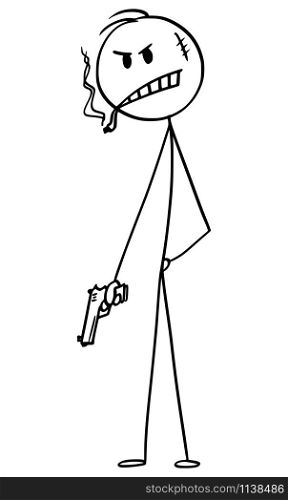 Vector cartoon stick figure drawing conceptual illustration of bad guy or man or criminal or gangster with cigar posing with weapon or hand gun.. Vector Cartoon Illustration of Bad Guy or Man or Criminal or Gangster Posing With hand Gun or Weapon