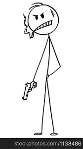 Vector cartoon stick figure drawing conceptual illustration of bad guy or man or criminal or gangster with cigar posing with weapon or hand gun.. Vector Cartoon Illustration of Bad Guy or Man or Criminal or Gangster Posing With hand Gun or Weapon
