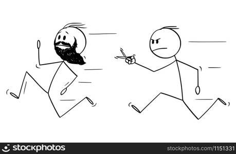 Vector cartoon stick figure drawing conceptual illustration of bearded hipster man with full beard running away from angry barber with scissors.. Vector Cartoon Illustration of Bearded Hipster Man with Full Beard Running Away from Angry Barber with Scissors