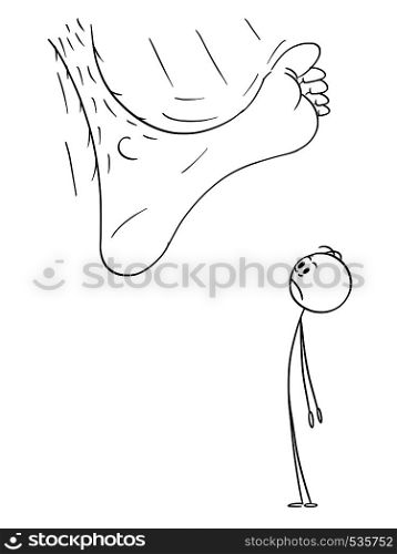 Vector cartoon stick figure drawing conceptual illustration of big bare foot stepping or stamping on small frustrated man or businessman.. Vector Cartoon Illustration and Drawing of Bare Foot Stepping on Frustrated Man