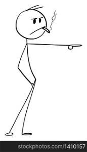 Vector cartoon stick figure drawing conceptual illustration of bored tough man or guy with cigarette or cigar showing or pointing at something.. Vector Cartoon Illustration of Bored Tough Guy or Man With Cigar or Cigarette Showing or Pointing at Something
