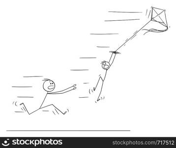 Vector cartoon stick figure drawing conceptual illustration of boy flying kite and flying away in strong wind. Father is running to save him.. Vector Cartoon of Boy Flying Kite and Flying Away in Strong Wind.Father Is Running to Save Him.