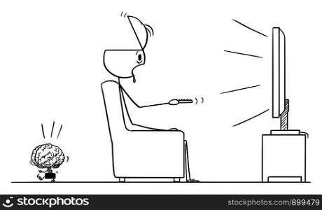 Vector cartoon stick figure drawing conceptual illustration of brainless man sitting in chair and watching dull shows in TV or television, his brain is leaving him.. Vector Cartoon of Man Watching Dull Shows in TV or Television, His Brain Is Leaving Him