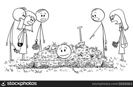Vector cartoon stick figure drawing conceptual illustration of buried alive man coming out of the grave while people, friends or family members are watching him shocked.. Vector Cartoon Illustration of Shocked People, Friends or Family Members on Burial Ceremony. Buried Alive Man is Coming Out of the Grave