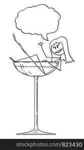 Vector cartoon stick figure drawing conceptual illustration of burlesque sexy seductive woman taking bath in big cocktail glass.. Vector Cartoon of Beautiful Naked Burlesque Sexy Woman or Stripper Taking a Bath in Cocktail Glass