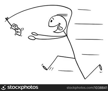 Vector cartoon stick figure drawing conceptual illustration of businessman chasing money on fishing rod attached to his back.. Vector Cartoon Illustration of Businessman Chasing Money on Fishing Rod Attached to His Back