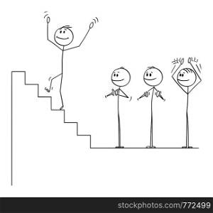 Vector cartoon stick figure drawing conceptual illustration of businessman climbing up the stairs to fall down to abyss, while business team is applauding and clapping.. Vector Cartoon of Businessman Climbing Up the Stairs to Fall Down, Business Team is Applauding