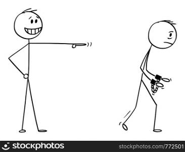 Vector cartoon stick figure drawing conceptual illustration of businessman making a mock or ridicule to man going to jail with shackles or handcuffs on hands.. Vector Cartoon of Businessman Making a Mock of Another Man Going to Jail with Shackles or Handcuffs