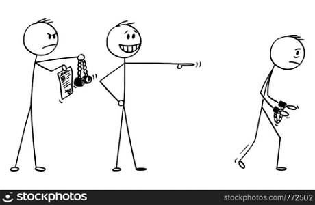 Vector cartoon stick figure drawing conceptual illustration of businessman making a mock or ridicule to man going to jail with handcuffs on hands, while policeman is going to arrest him too.. Vector Cartoon of Businessman Making a Mock of Another Man Going to Jail with Handcuffs while Policeman is Going To Arrest Him Too.