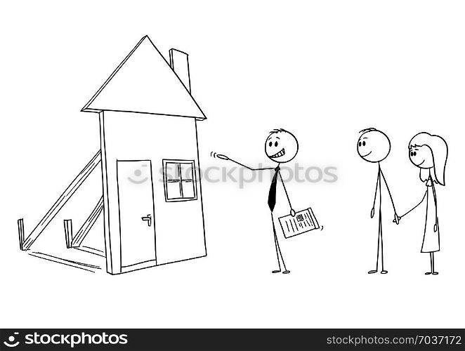 Vector cartoon stick figure drawing conceptual illustration of businessman or real estate broker or agent or realtor offering fake mock-up family house to young couple. Concept of fraud or housing bubble.. Vector Cartoon of Businessman or Real Estate Broker or Realtor Offering Fake Mock-up Family House .