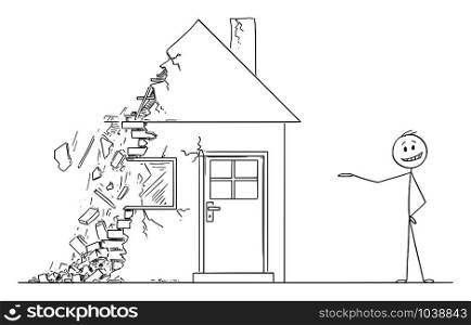 Vector cartoon stick figure drawing conceptual illustration of businessman or state agent or broker or realtor offering decaying house falling in to ruin.. Vector Cartoon Illustration of Businessman or Estate Agent or Broker or Realtor Offering Decaying House