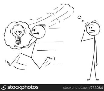 Vector cartoon stick figure drawing conceptual illustration of businessman stealing an idea to another man or competitor and running with it away. Concept of plagiarism and intellectual property.. Vector Cartoon of Businessman Stealing an Idea to Another Man or Competitor