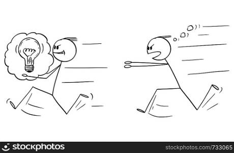 Vector cartoon stick figure drawing conceptual illustration of businessman stealing an idea to another man or competitor and running with, author is chasing him. Concept of plagiarism and intellectual property.. Vector Cartoon of Businessman Stealing an Idea to Another Man or Competitor