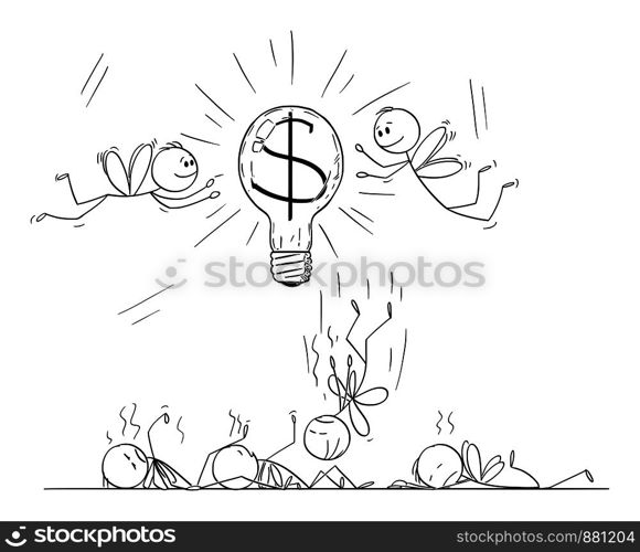 Vector cartoon stick figure drawing conceptual illustration of businessmen as flies or moths attracted by light bulb with dollar or money symbol, some flying around and some are dead, killed by glow and heat.. Vector Cartoon of Businessmen as Flies or Moths Attracted by Light Bulb with Dollar or Money Symbol, Some Flying Around and Some Killed by the Heat and Glow