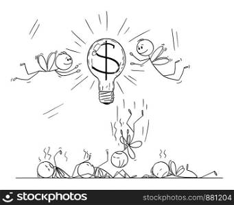Vector cartoon stick figure drawing conceptual illustration of businessmen as flies or moths attracted by light bulb with dollar or money symbol, some flying around and some are dead, killed by glow and heat.. Vector Cartoon of Businessmen as Flies or Moths Attracted by Light Bulb with Dollar or Money Symbol, Some Flying Around and Some Killed by the Heat and Glow