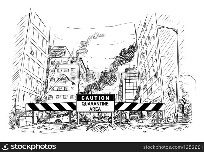 Vector cartoon stick figure drawing conceptual illustration of caution quarantine area roadblock blocking destroyed city street after coronavirus covid-19 epidemic or infection panic.. Vector Cartoon Illustration of Caution Quarantine Area Roadblock Blocking Destroyed City Street after Infection Panic or Coronavirus Covid-19 Epidemic.