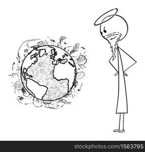 Vector cartoon stick figure drawing conceptual illustration of Christian god watching violence and wars on surface of planet Earth.. Vector Cartoon Illustration of Angry Christian God Watching Wars and Violence on Surface of Planet Earth